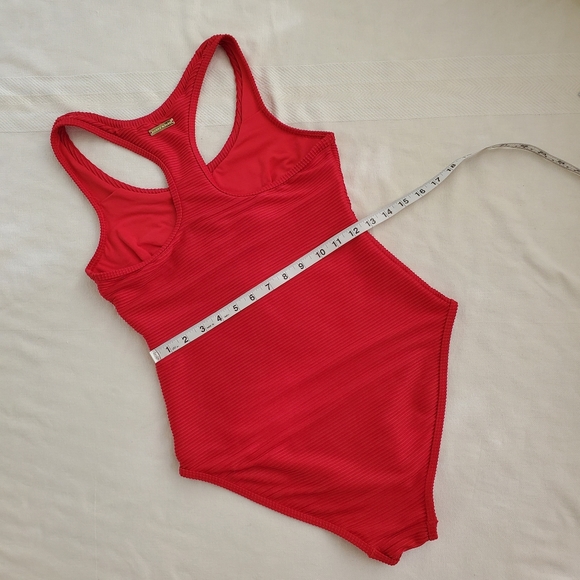 Heidi Klein red one piece swim suit size Medium gold zipper ribbed fabric lined - Picture 8 of 16